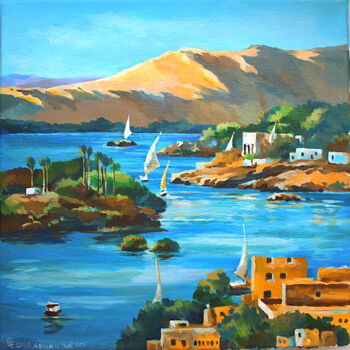 Malerei mit dem Titel "Nile river in Aswan" von Lena Tolunay, Original-Kunstwerk, Acryl