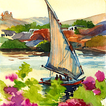 Картина под названием "Felucca boat on the…" - Lena Tolunay, Подлинное произведение искусства, Акварель