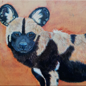 Painting titled "African Wild Dog" by Lene Daugaard, Original Artwork, Acrylic Mounted on Wood Stretcher frame