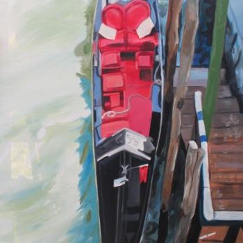 Painting titled "Red Gondola #2" by Lenka Graner, Original Artwork, Oil Mounted on Wood Stretcher frame