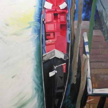 Painting titled "Red Gondola #3" by Lenka Graner, Original Artwork, Oil Mounted on Wood Stretcher frame