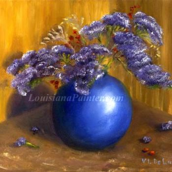 Painting titled "Blue Vase with Purp…" by Lenora De Lude, Original Artwork