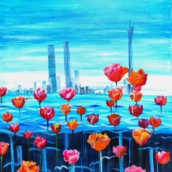 Painting titled "Tulips of the Pearl…" by Leo,Keihung Yip, Original Artwork, Acrylic Mounted on Wood Stretcher frame
