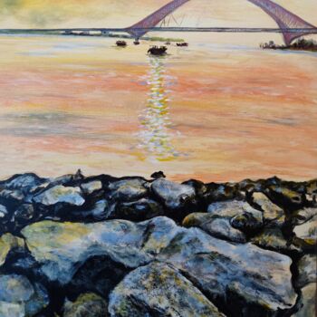 Peinture intitulée "Sunset Pearl Bay" par Leo,Keihung Yip, Œuvre d'art originale, Acrylique Monté sur Châssis en bois