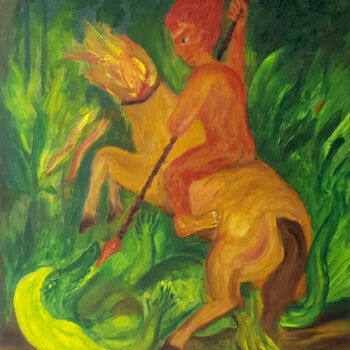 Painting titled "A luta do Curupira…" by Leo Du Lac, Original Artwork, Oil Mounted on Wood Stretcher frame