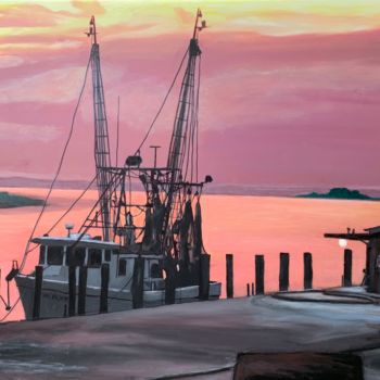 Painting titled "Shrimp Boat in Thun…" by Patricia Leone, Original Artwork, Oil