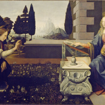 Malerei mit dem Titel "L'Annonciation" von Leonardo Da Vinci, Original-Kunstwerk, Öl
