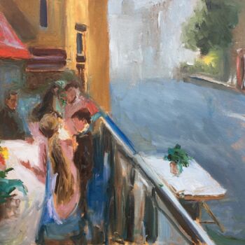 Schilderij getiteld "cafe-people-eating-…" door Leonid Khomich, Origineel Kunstwerk, Olie