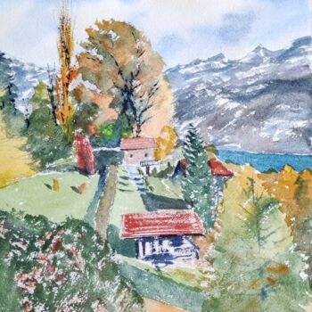 Картина под названием "Switzerland village" - Leonid Kirnus, Подлинное произведение искусства, Акварель