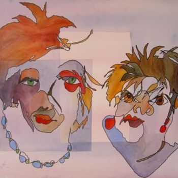 绘画 标题为“Friends” 由Leonora De Lange, 原创艺术品, 水彩 安装在其他刚性面板上