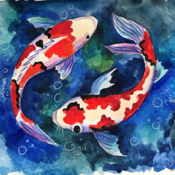 Painting titled "Carps" by Leo Schteinberg, Original Artwork, Watercolor