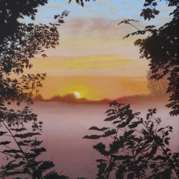 Painting titled "Sonnenaufgang im He…" by Leo Windeln, Original Artwork, Oil Mounted on Wood Stretcher frame