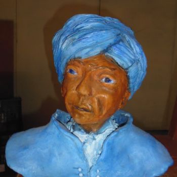 Skulptur mit dem Titel "L'homme bleu du dés…" von Maryvonne Lepinoy (MARLEN), Original-Kunstwerk, Keramik
