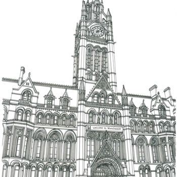 Desenho intitulada "Manchester Town Hall" por Lera Ryazanceva, Obras de arte originais, Tinta