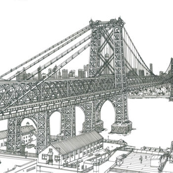 Tekening getiteld "Williamsburg Bridge" door Lera Ryazanceva, Origineel Kunstwerk, Inkt