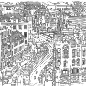 Drawing titled "Amsterdam Tram" by Lera Ryazanceva, Original Artwork, Gel pen