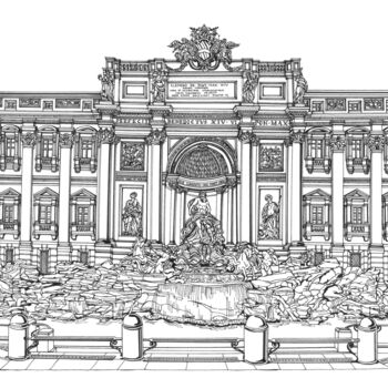 Zeichnungen mit dem Titel "The Trevi Fountain" von Lera Ryazanceva, Original-Kunstwerk, Tinte