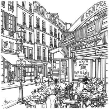 Drawing titled "Paris Cafe" by Lera Ryazanceva, Original Artwork, Ink