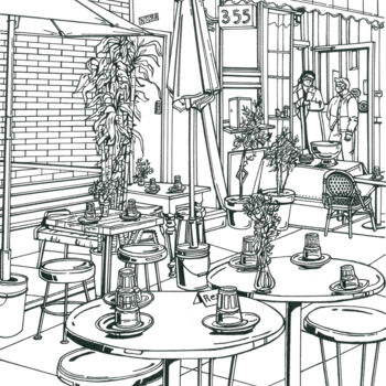 Drawing titled "New York Cafe" by Lera Ryazanceva, Original Artwork, Ink