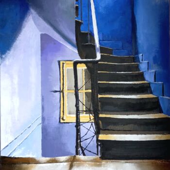 Painting titled "Escalier, folies be…" by Les Ombres De Juillet, Original Artwork, Oil Mounted on Wood Stretcher frame