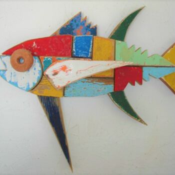 Sculpture intitulée "Petit Poisson mosaï…" par Jean René Petibon, Œuvre d'art originale, Bois