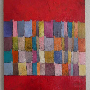 Painting titled "maisons, ciel rouge" by Catherine Furic, Original Artwork, Oil