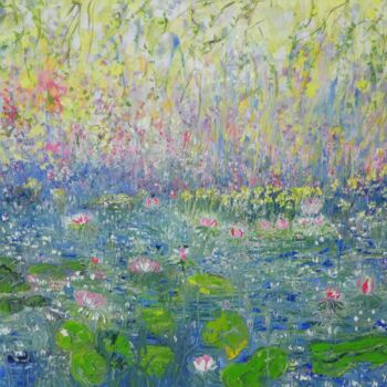 Painting titled "Lemon Waterlilies" by Lesley Blackburn, Original Artwork, Oil Mounted on Wood Stretcher frame