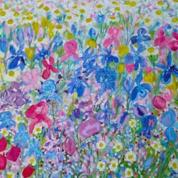 Painting titled "Summer Meadow" by Lesley Blackburn, Original Artwork, Oil Mounted on Wood Stretcher frame