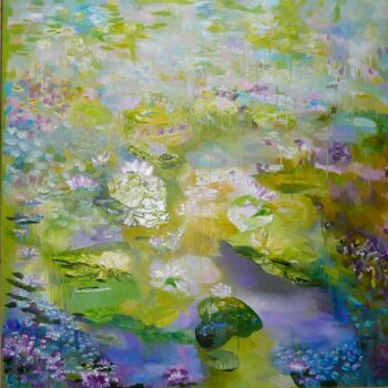 Painting titled "Purple Waterlilies" by Lesley Blackburn, Original Artwork, Oil Mounted on Wood Stretcher frame