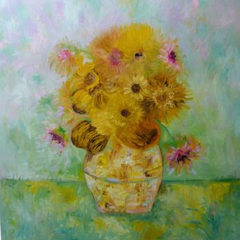 Painting titled "Van Gogh Sunflowers…" by Lesley Blackburn, Original Artwork, Oil Mounted on Wood Stretcher frame