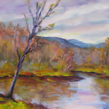 Painting titled "Leaning River Tree" by Lesley Braren, Original Artwork, Oil