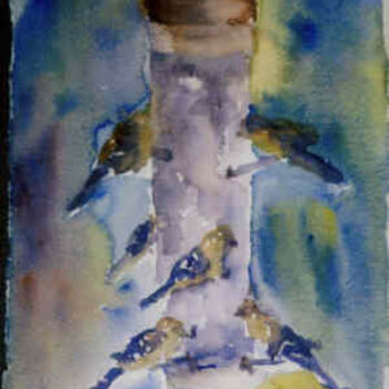 Painting titled "Bird Feeder" by Lesley Braren, Original Artwork, Watercolor