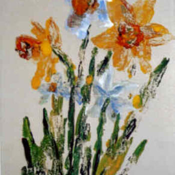 Printmaking titled "Five Daffodils" by Lesley Braren, Original Artwork, Monotype