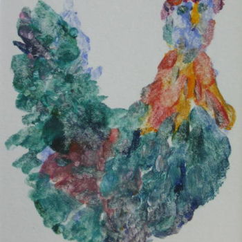 Druckgrafik mit dem Titel "Rooster Surprise Gh…" von Lesley Braren, Original-Kunstwerk, Monotypie