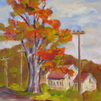Painting titled "Fall Tree with House" by Lesley Braren, Original Artwork, Oil