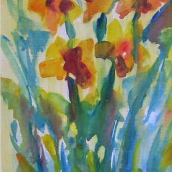 Painting titled "Daffodil Blue" by Lesley Braren, Original Artwork, Watercolor