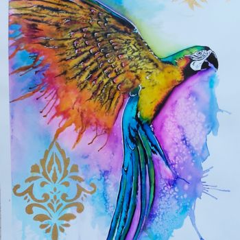 Pintura intitulada "le perroquet" por Mag Et Stef Gransagne (Mag et Stef - Les Quatre Mains), Obras de arte originais, Aquar…