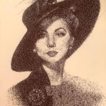 Drawing titled "Femme au chapeau" by Channel Gianni, Original Artwork, Ballpoint pen Mounted on Glass