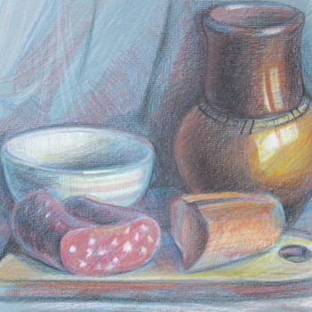 Рисунок под названием "натюрморт с колбасой" - Aнна Лeвицкая, Подлинное произведение искусства, Цветные карандаши