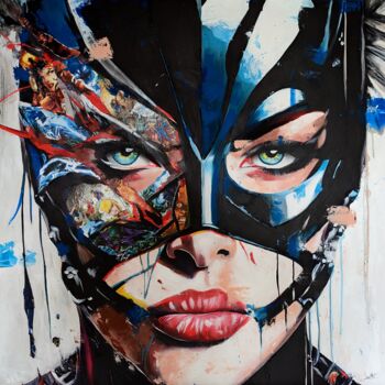 Painting titled "BatGirl" by Noel Caizergues, Original Artwork, Acrylic Mounted on Wood Stretcher frame