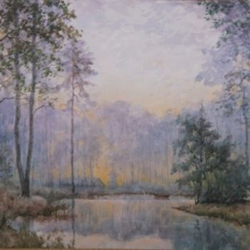 Schilderij getiteld "Туманное утро" door Leopold, Origineel Kunstwerk, Olie