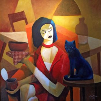 Schilderij getiteld "Woman feeding cat" door Lex Veen, Origineel Kunstwerk