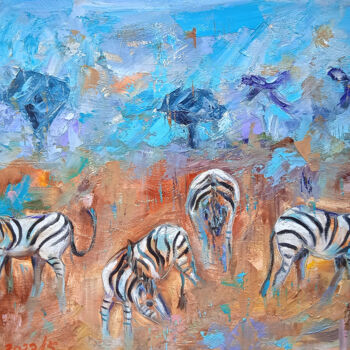 Painting titled "zebras in the savan…" by Leyla Supran, Original Artwork, Oil