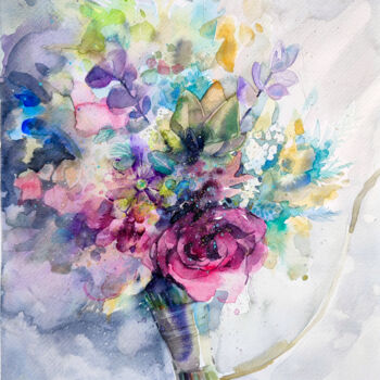 Painting titled ""Flying bouquet"" by Leyla Zhunus, Original Artwork, Watercolor