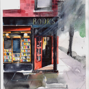 ""New York bookshop"" başlıklı Tablo Leyla Zhunus tarafından, Orijinal sanat, Suluboya