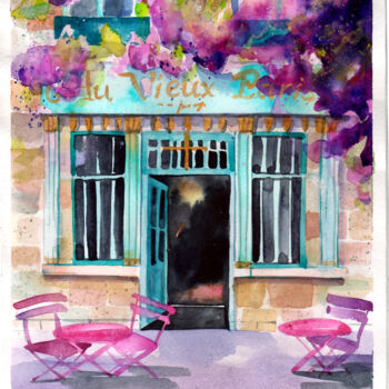 Painting titled ""Paris cafe"" by Leyla Zhunus, Original Artwork, Watercolor