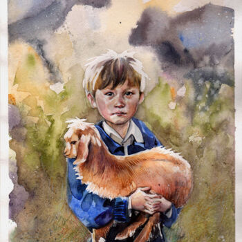 Painting titled ""The little shepher…" by Leyla Zhunus, Original Artwork, Watercolor