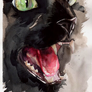 Painting titled ""Angry cat"" by Leyla Zhunus, Original Artwork, Watercolor