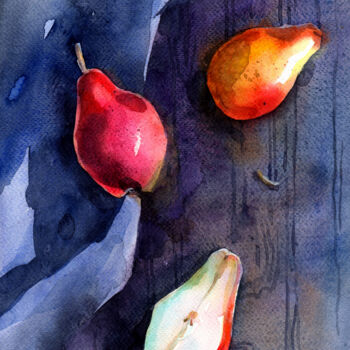 "Ripe pears on blue" başlıklı Tablo Leyla Zhunus tarafından, Orijinal sanat, Suluboya