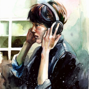 Peinture intitulée ""Listening you"" par Leyla Zhunus, Œuvre d'art originale, Aquarelle
